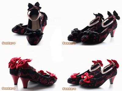 Sentaro Lace Bow Wedding Lolita Shoes Multicolors 36 black with red middle heel 