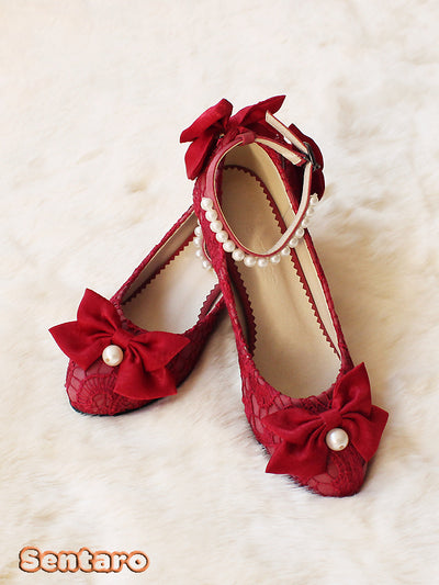 Sentaro Lace Bow Wedding Lolita Shoes Multicolors 36 wine middle heel 