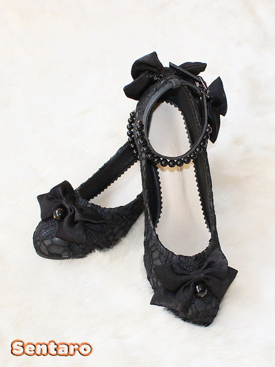 Sentaro Lace Bow Wedding Lolita Shoes Multicolors 36 black middle heel 