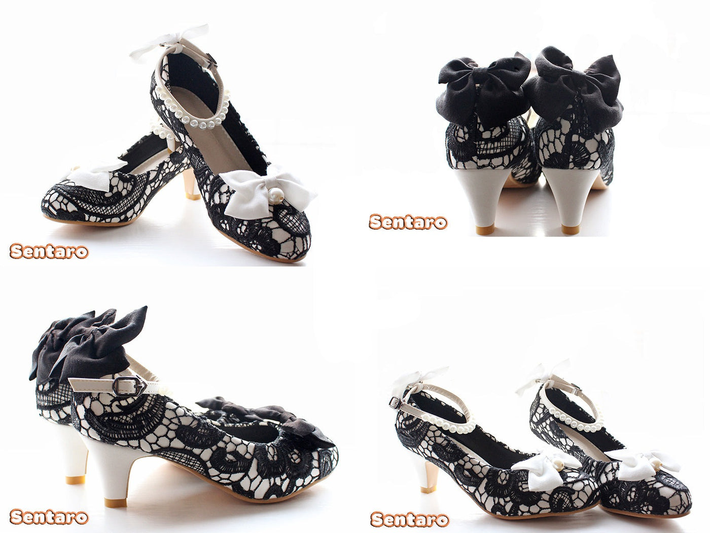 Sentaro Lace Bow Wedding Lolita Shoes Multicolors 36 black with white middle heel 