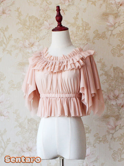 Sentaro~Butterfly Cookies~Summer Fly Sleeves Lolita Chiffon Blouse free size apricot pink (pre-order) 