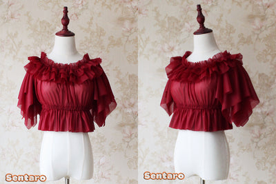 Sentaro~Butterfly Cookies~Summer Fly Sleeves Lolita Chiffon Blouse free size wine red 
