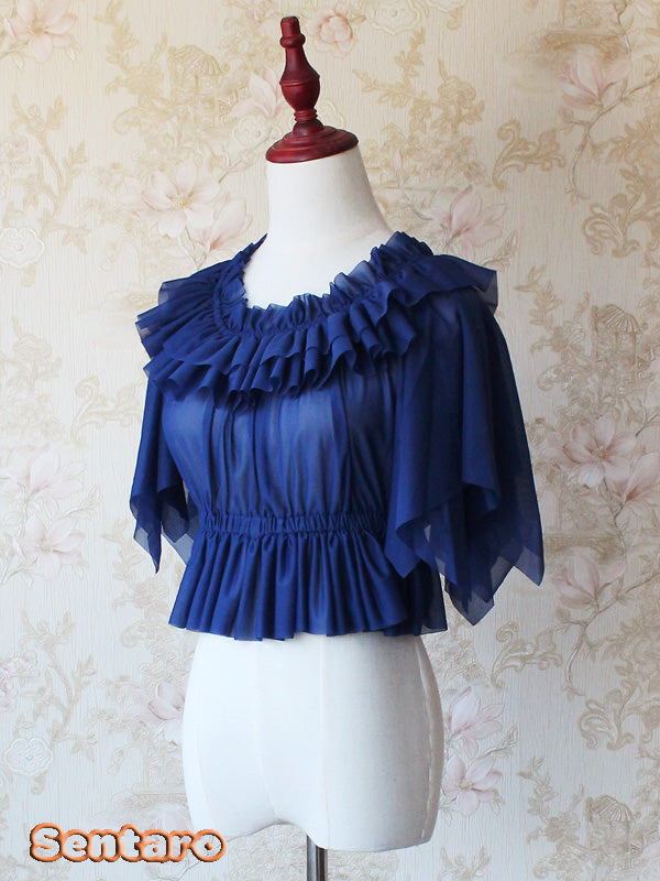 Sentaro~Butterfly Cookies~Summer Fly Sleeves Lolita Chiffon Blouse free size navy blue 