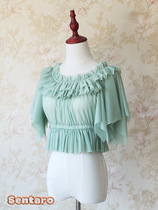 Sentaro~Butterfly Cookies~Summer Fly Sleeves Lolita Chiffon Blouse free size grass green 