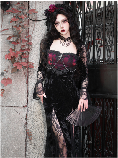 Blood Supply~Rose Cemetery~Gothic Dark Red Velvet Mermaid Dress   