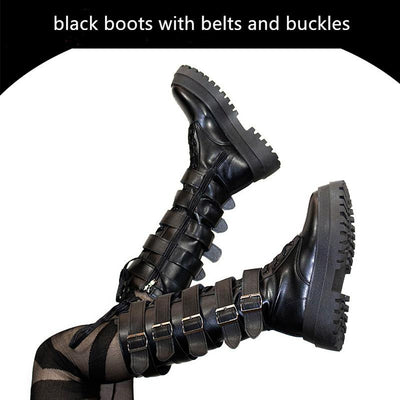 CastleToo~Black Knight~Bat Gothic Lolita Zipper Martinean Boots 35 black boots with belts and buckles 