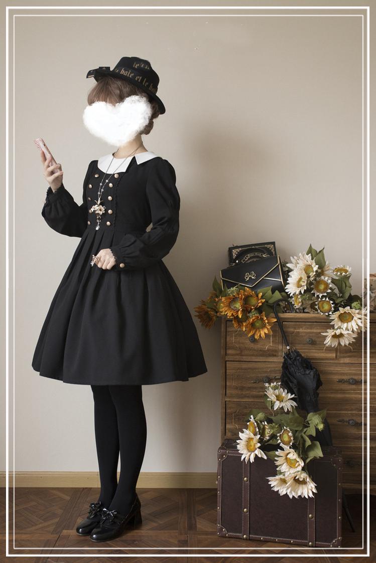 DearCeline~Nun Lolita Pure Color Elegant Vintage OP Dress S black normal OP 