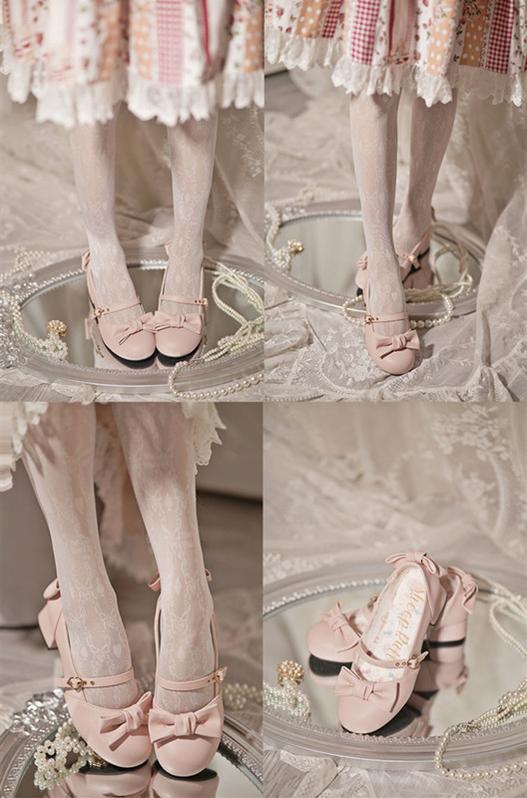 Sheep Puff~Elegant Lolita Bownot Retro High Heel Shoes   