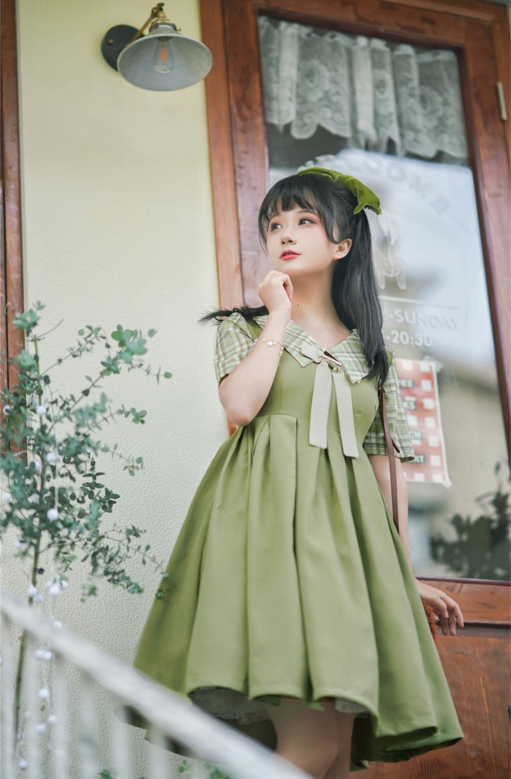 EESSILY~Macaron Waffle~Kawaii Lolita Short Sleeve Summer OP S avocado (3XL 4XL L M S XL / avocado) 8314:139786
