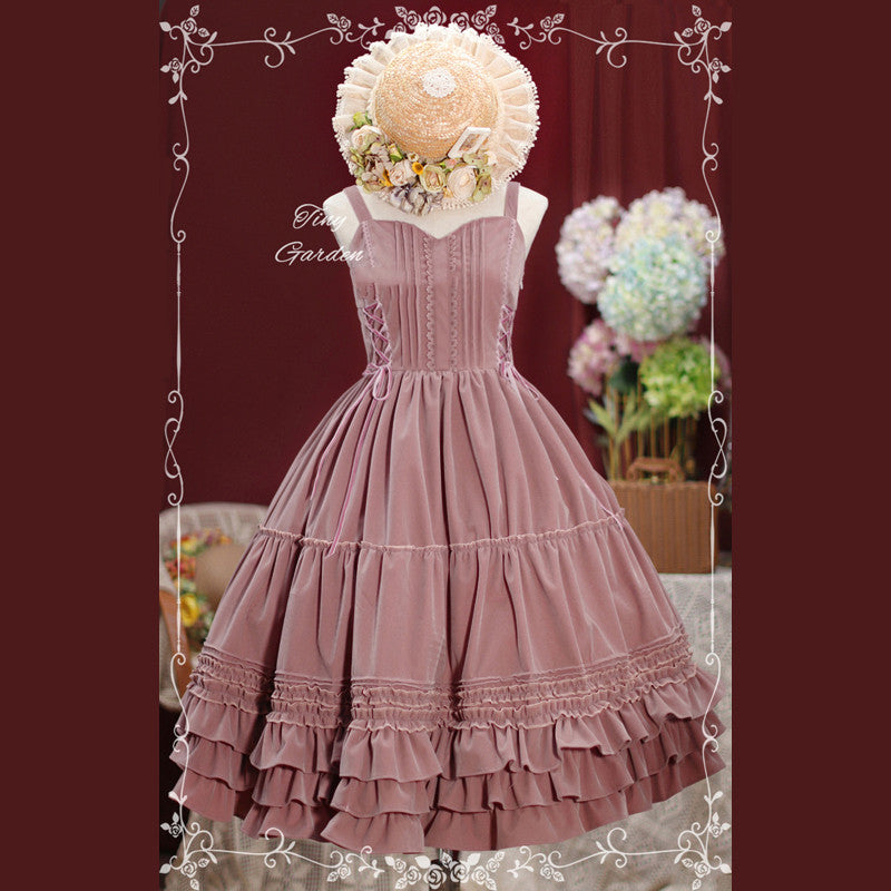 Tiny Garden~Garden Dance 2.0~Elegant Lolita JSK Dress Side Drawstring Bow S velvet gray pink (suit for Autumn and Winter) 
