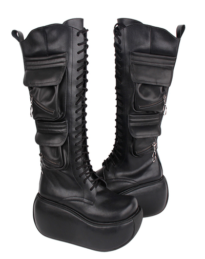 Angelic imprint~Black Gothic Lolita Pocket Leather High Boots   