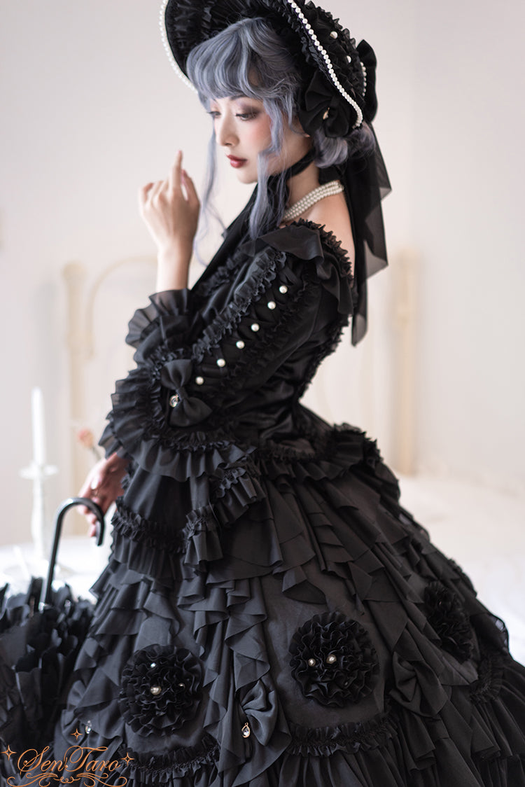 Sentaro - Snow Ear - Rococo Lolita OP Tea Party Dress S black blouse