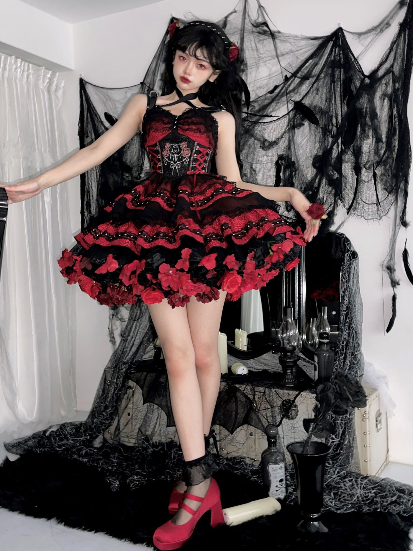 Sky Rabbit~Harvest Spring~Flower Petticoat Black and Wine Red Plus Size / 45cm / Black+Wine Red