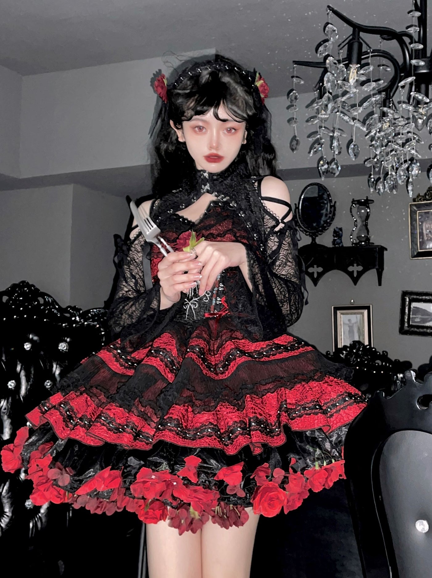 Sky Rabbit~Harvest Spring~Flower Petticoat Black and Wine Red   