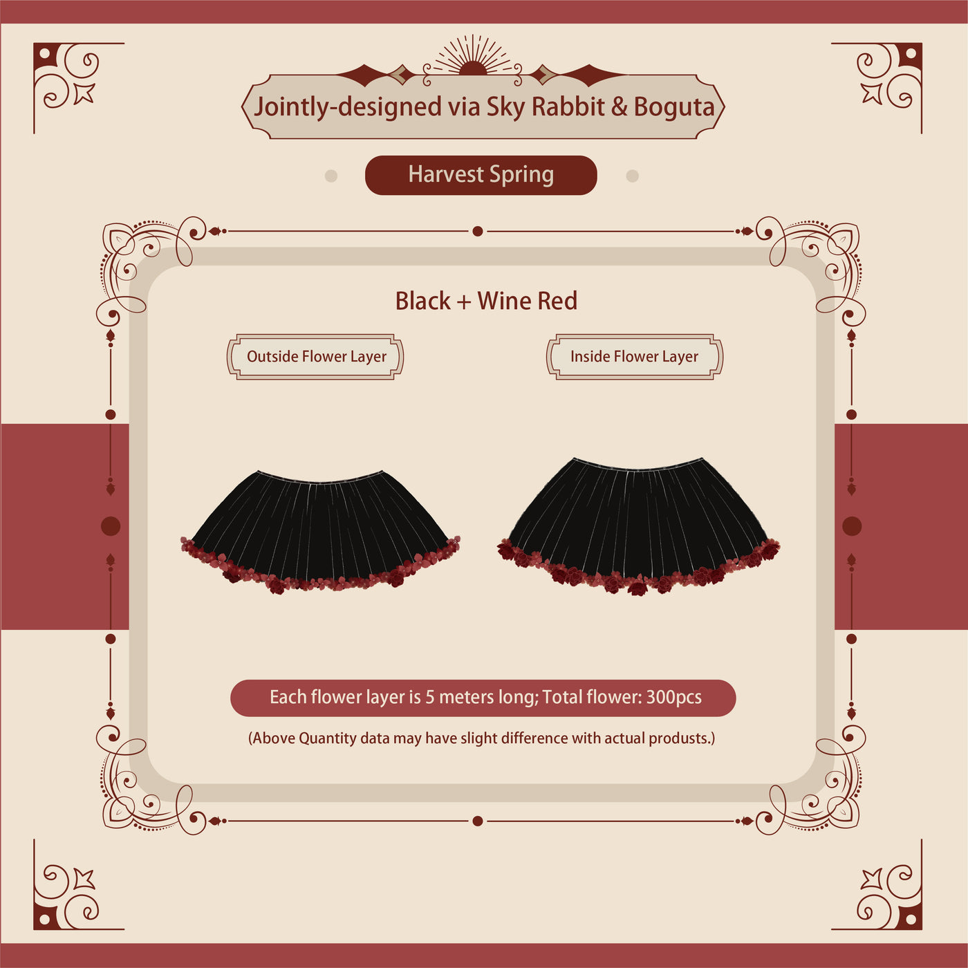 Sky Rabbit~Harvest Spring~Flower Layers for Lolita Petticoat free size 35cm black+wine red 