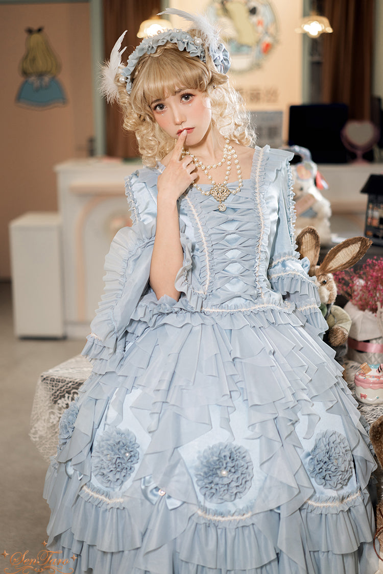 Sentaro~Snow Ear~ Rococo Lolita OP Tea Party Dress S light grey blue blouse