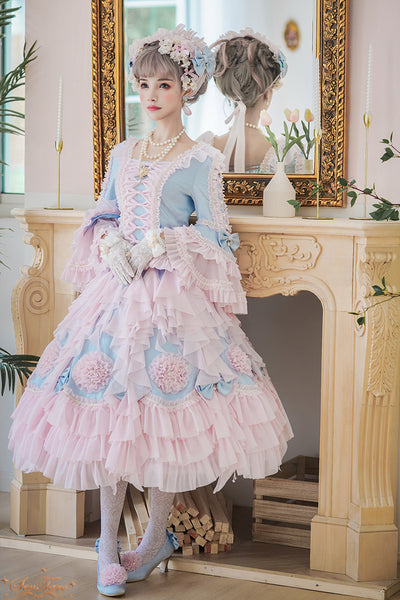 Sentaro~Snow Ear~ Rococo Lolita OP Tea Party Dress S blue with pink skirt