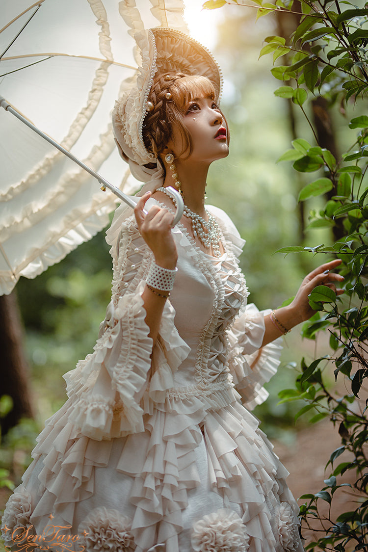 Sentaro~Snow Ear~ Rococo Lolita OP Tea Party Dress (L S / ivory / Headband blouse bonnet skirt) 4108:16561