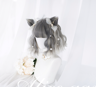 Alicegarden~Harajuku Style Cat Ear Gradient Light Grey Curly Wig long wig+ cat ear clip  