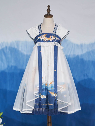 (Buyforme)NyaNya~Han Lolita Blue Chest-level Embroidered OP S white+blue 