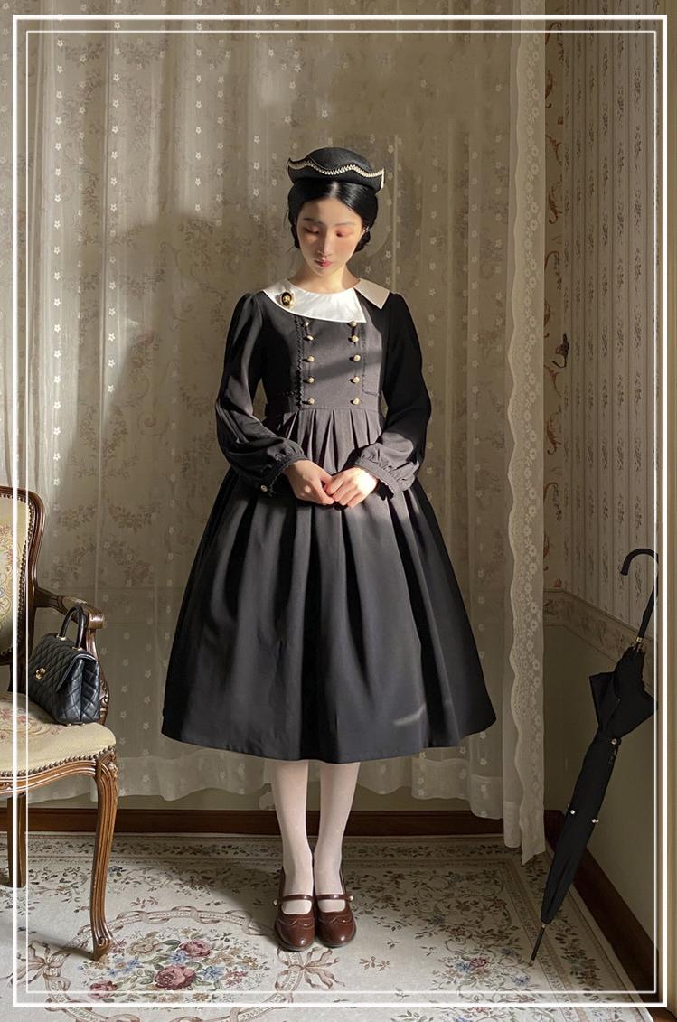 DearCeline~Nun Lolita Pure Color Elegant Vintage OP Dress S black long OP 