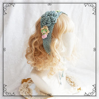 Fox Cherry~Purple Green Country Lolita Knitting Flower Hairband green  