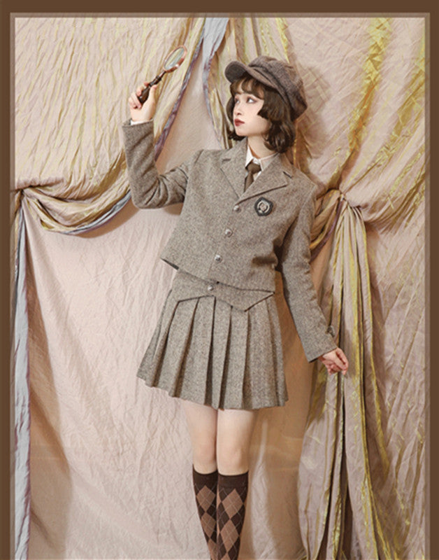 CastleToo~London Street~Academic Style SK and Suspenders Uniform free size brown skirt set 