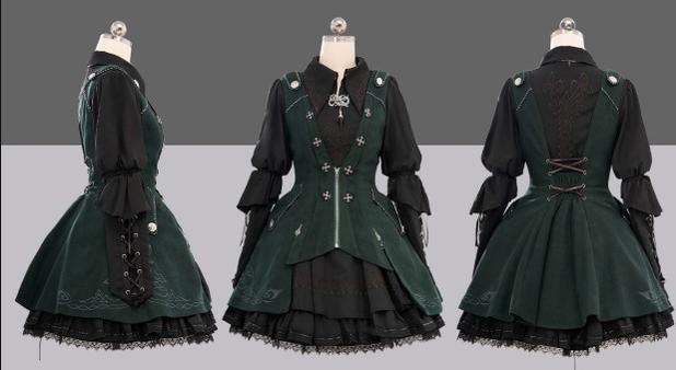 (Buy for me) Wuyuzhe~Tale Bringer's DRAGOON~Gothic Lolita Short Version Full Set free size black*dark-green FULLSET 