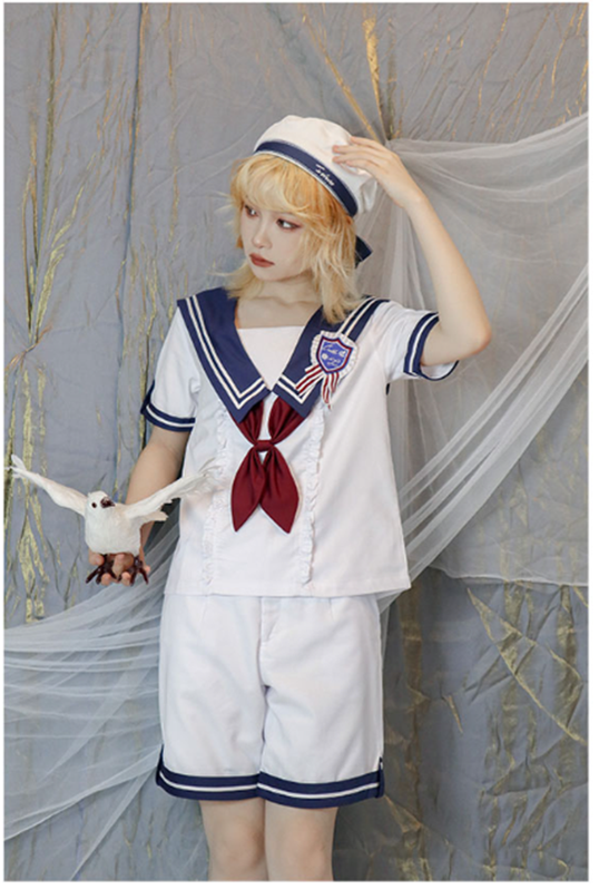 CastleToo~Voyage Atlantis Sailor Lolita Prince Shorts/OP Set L white&blue male shorts set (shirt+shorts+bow tie+badge) 