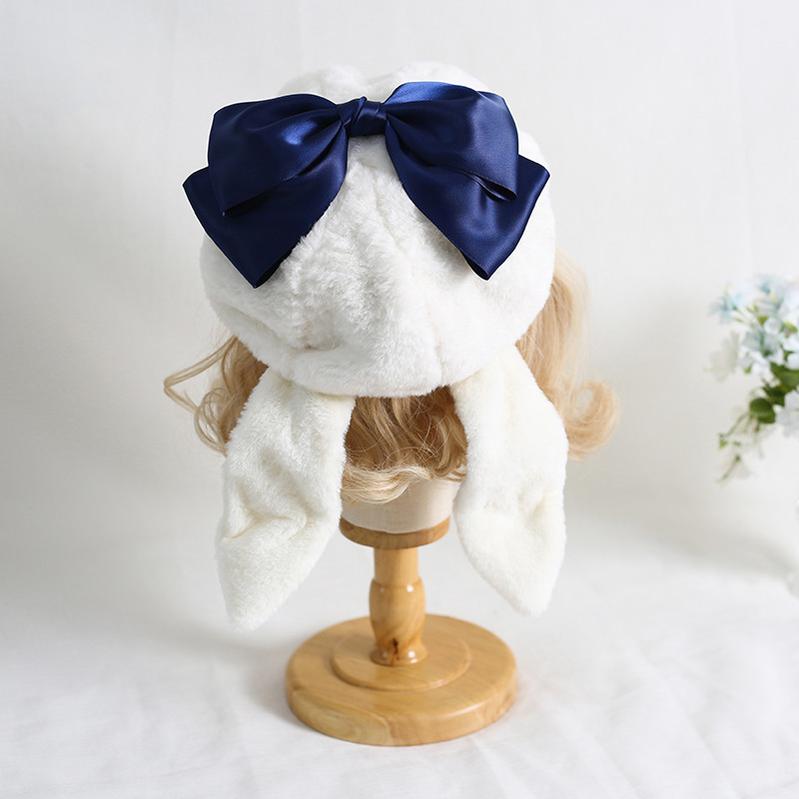 Xiaogui~J-Fashion Rabbit Ear Bow Warm Hat Multicolors M（56-58cm） dark blue bow hat 