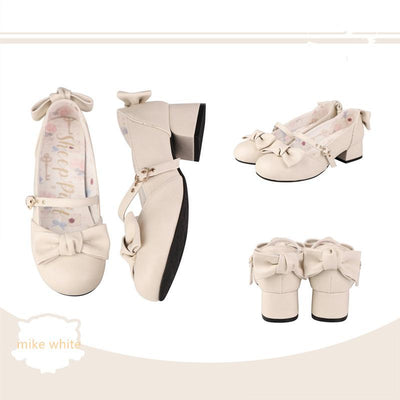 Sheep Puff~Elegant Lolita Bownot Retro High Heel Shoes 34 milk white (make-old texture fabric) 
