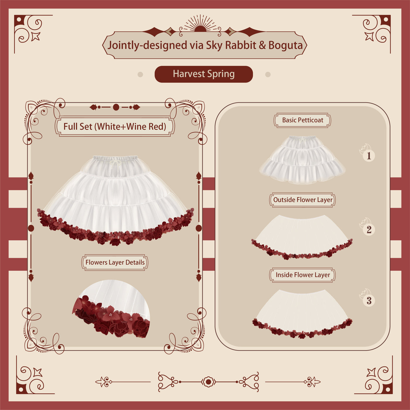 Sky Rabbit~Harvest Spring~35cm/45cm Flower Lolita Petticoat free size white+wine red 35cm