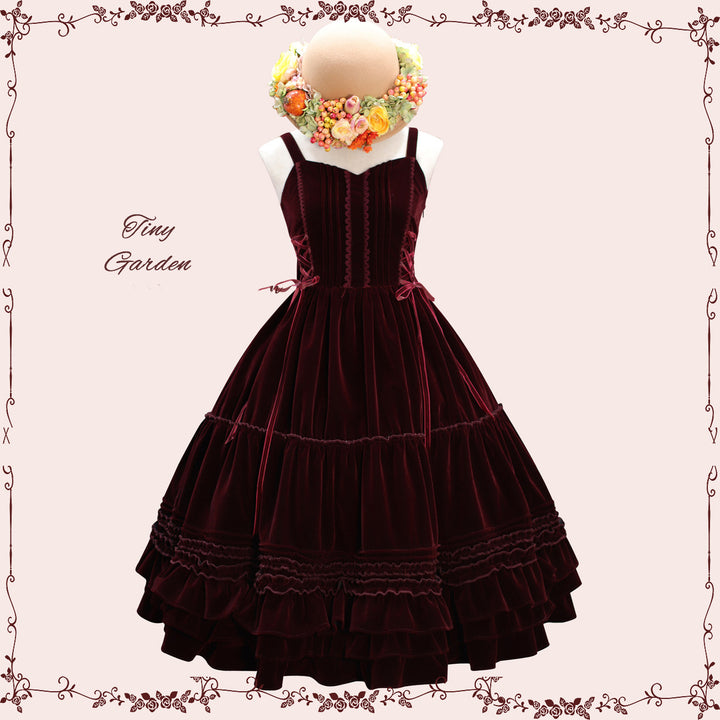 Tiny Garden~Garden Dance 2.0~Elegant Lolita JSK Dress Side Drawstring Bow S velvet wine red (suit for Autumn and Winter) 