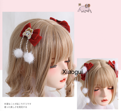 Xiaogui~Han Lolita Bow Red Hair Clips Sweet Headdress 4. rabbit embroidery with bow(a pair)  