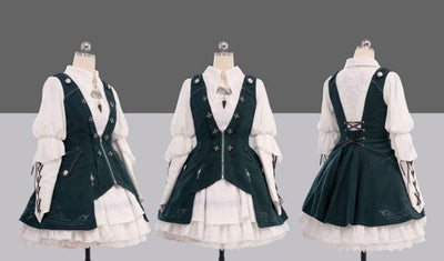 (Buy for me) Wuyuzhe~Tale Bringer's DRAGOON~Gothic Lolita Short Version Full Set free size dark-green embroidery vest 
