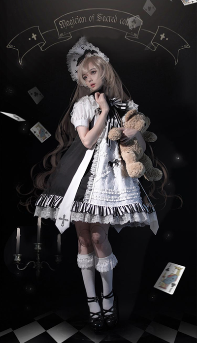 CastleToo~Holy College Magician~Gothic Lolita Black and White OP   