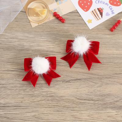 Xiaogui~Han Lolita Bow Red Hair Clips Sweet Headdress 2. mink hairballs with bow(a pair)  