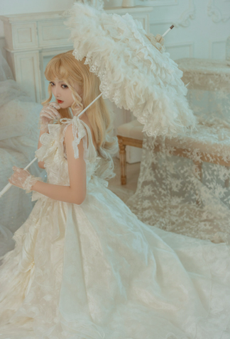 Exquisite Retro Wedding Tiered-Lace Feather Lolita Parasol   