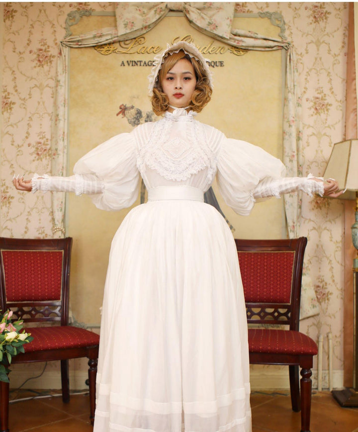 Lace Garden~Cool Summer~Vintage Lolita Victorian Shirt XS white shirt+long skirt 
