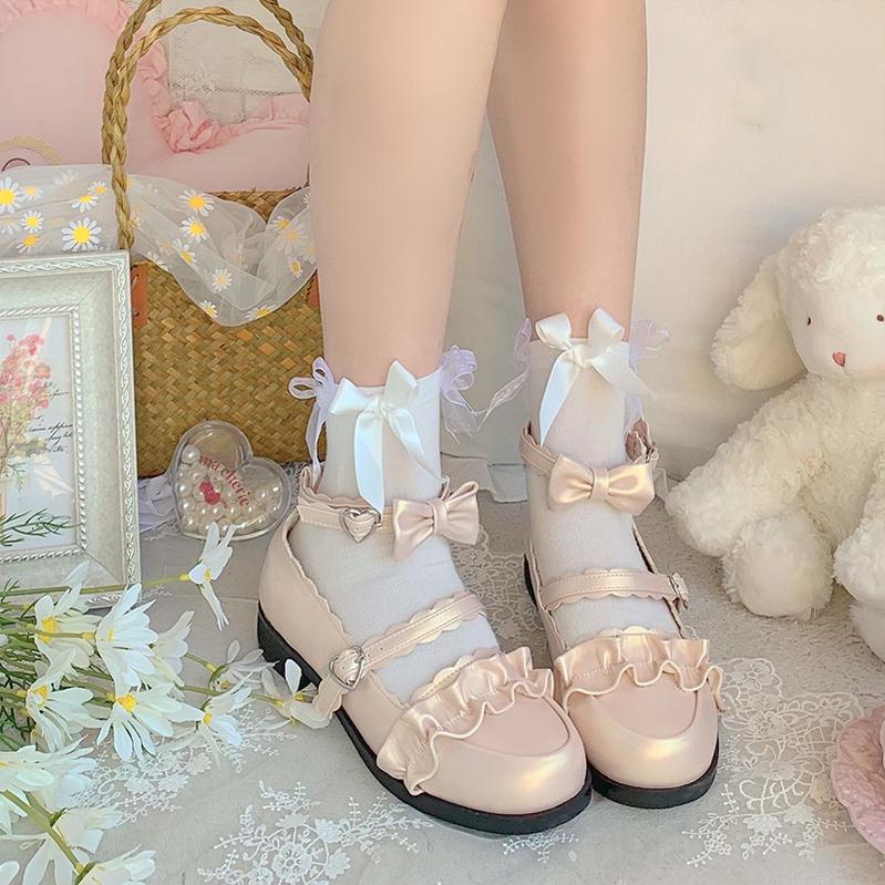 Sheep Puff - Mei Lulu - Lolita Japanese Lace Single Shoes 34 pearl ivory