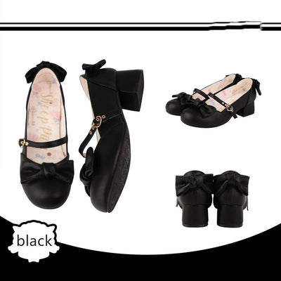 Sheep Puff~Elegant Lolita Bownot Retro High Heel Shoes 34 black matte PU 