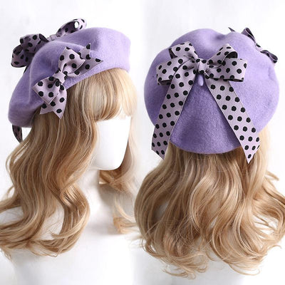 Xiaogui~Sweet Lolita Red Polka Dots Bow Beret Hat M（56-58cm） purple 