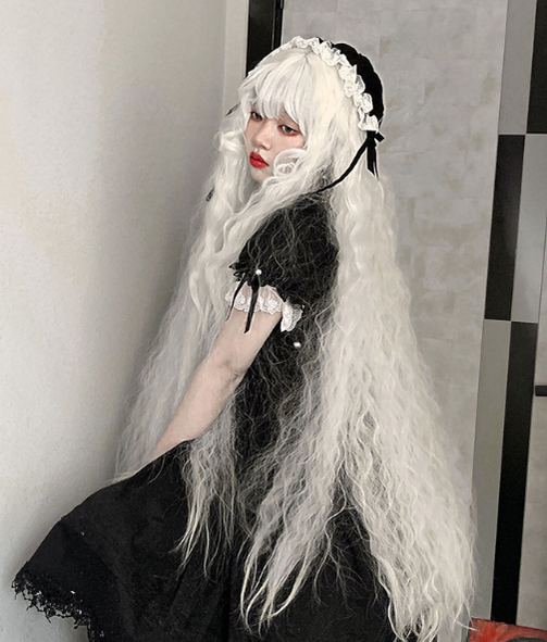 PippiPalace~White Moonlight~Elegant Long White Curly Lolita Wig   