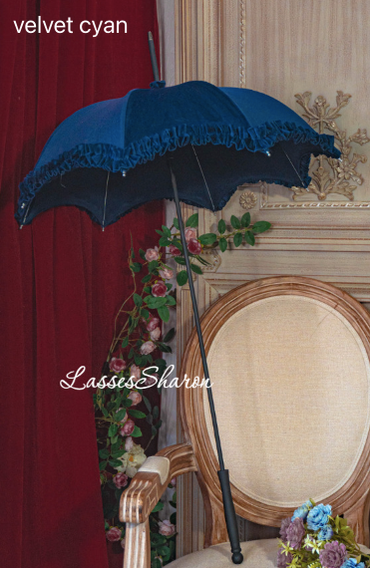 Handmade European Style Vintage Flounce Lolita Parasol Multicolors pagoda-shape velvet cyan / navy blue 