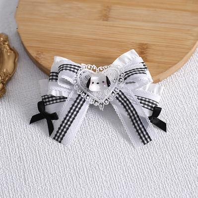 Xiaogui~Kawaii Pochacco Black White Sweet Lolita Headdress No.4 heart-shaped plaid bow clips  