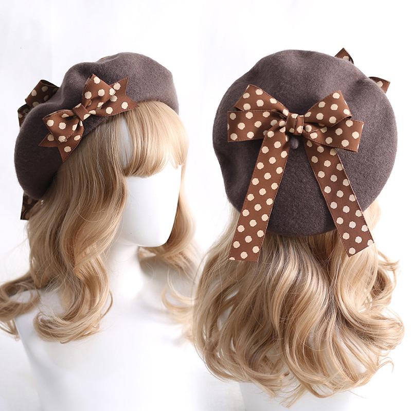 Xiaogui~Sweet Lolita Red Polka Dots Bow Beret Hat M（56-58cm） coffee brown 