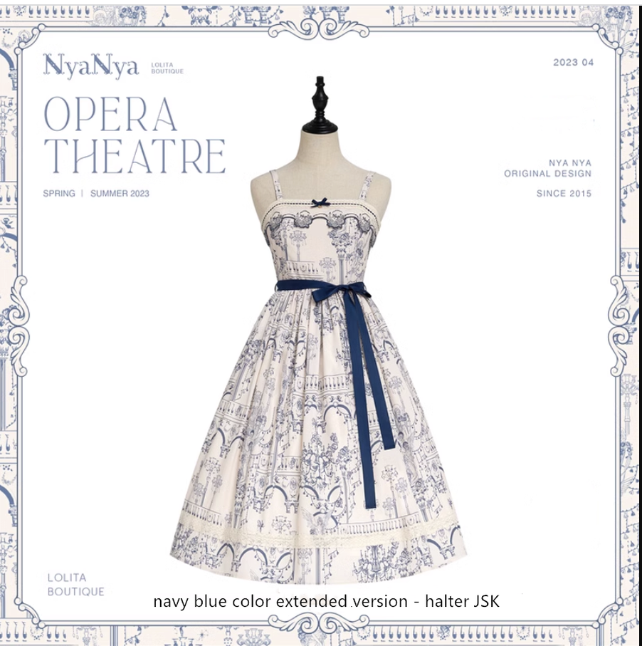 (Buyforme)NyaNya~Opera Theater~Retro and Elegant Lolita JSK Set free size halter version JSK - navy blue (extended version) 