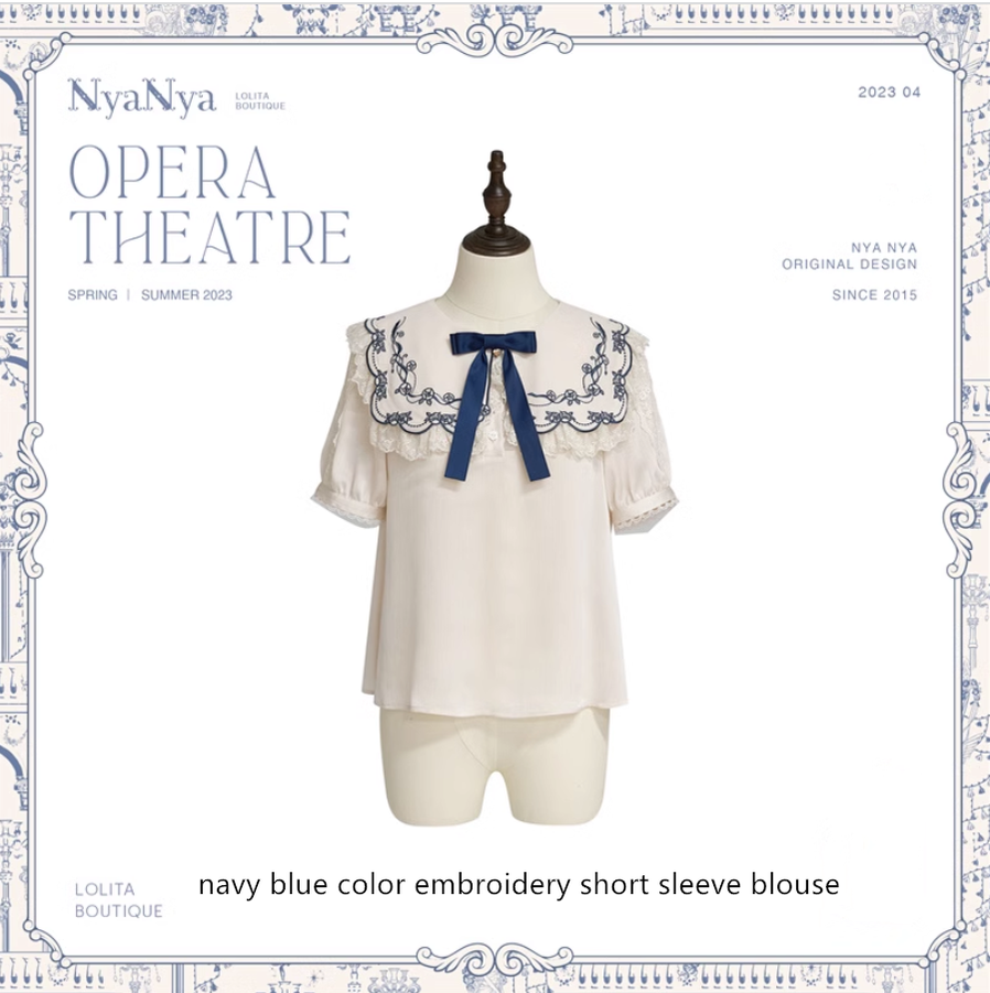 (Buyforme)NyaNya~Opera Theater Retro and Elegant Lolita JSK Set free size embroidery collar short sleeve blouse- navy blue 