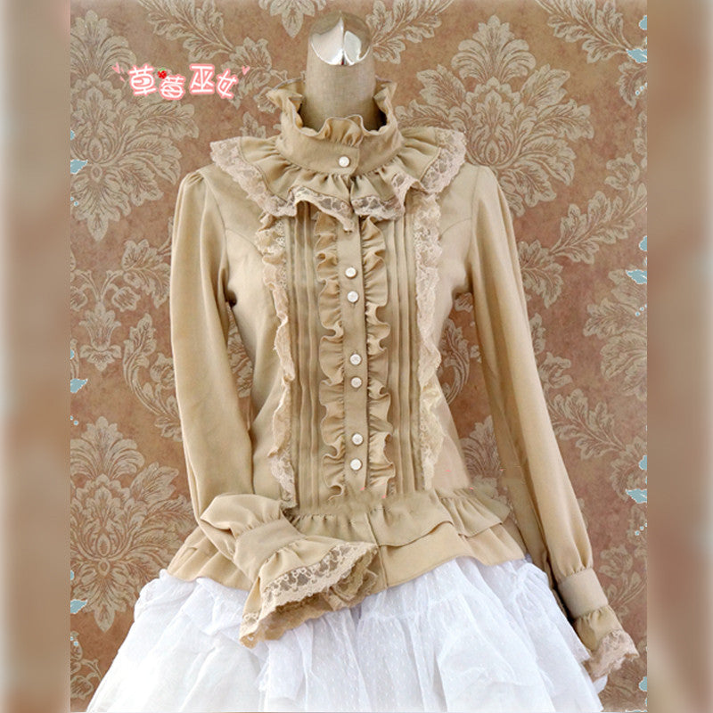 Strawberry Witch~Stand Coallr Silk Retro Lolita Blouse custom size (bust within 110cm, waist within 95cm) khaki 