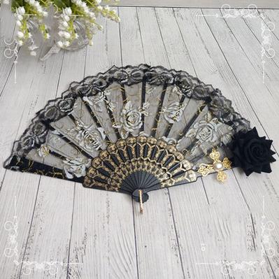 Cocoa Jam- Gothic Lolita Lace Gorgeous Folding Fan black fan+black rose